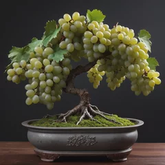Fotobehang Old fresh fruitful Small bonsai tree of a grape on wide bonsai vase or pot © vian