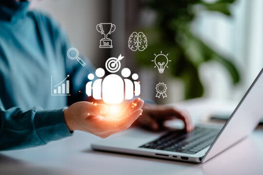 HRM, Human resource management concept, Businesswomen hold of icon human virtual, Teamwork, Development Leadership, the road to success target team, Build Network Marketing Online.