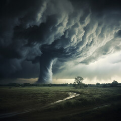 A Tornado Forming in the Distance Across a Meadow, Field