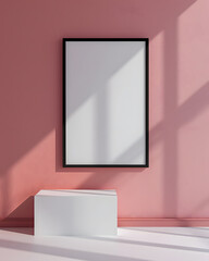 Portrait blank white picture frame with pink background for mock up, sunlight, copy space.