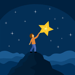 Cute boy child reach for the star in flat design.