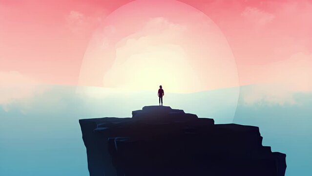 A Person Standing At The Edge Of A Cliff Looking Out Over The Vast And Beautiful Horizon. Psychology Art Concept.