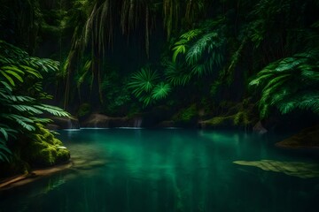 A tranquil rainforest pool reflects the lush cliffs and verdant foliage.
