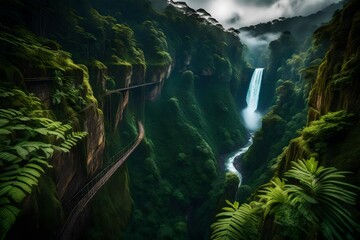 Naklejka na ściany i meble A dramatic rainforest gorge bears witness to the enduring forces of nature.