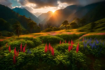 A colorful meadow within the rainforest mountains, drenched in the soft light of evening.