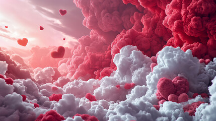 Beautiful 3D white clouds with white and red hearts frame on pink modern background for valentines Day - obrazy, fototapety, plakaty