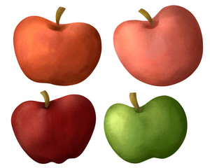 set of red pink and green apples cute watercolor crayon illustration style on white background for valentine 