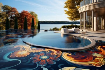An elegant backyard with a circular infinity pool, where the edges blend seamlessly into a lake, complemented by 3D intricate colorful patterns on the pool floor, infinity beauty