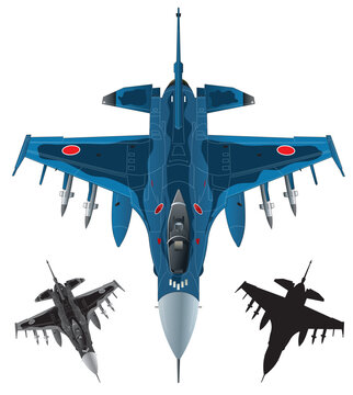 航空自衛隊、青いカモフラージュカラーのF-2マルチロール戦闘機イラスト（モノクロカラーと黒シルエットイラスト付）