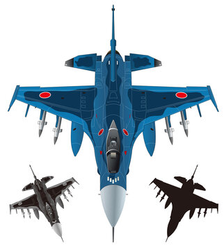 青いカモフラージュカラーのF2単発ジェットマルチロール戦闘機イメージイラスト（モノクロカラーと黒シルエットイラスト付）