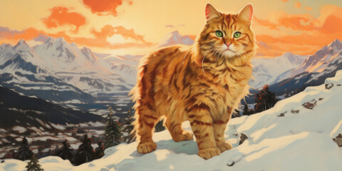 painting of an orange tabby cat stands atop a snowy peak, generative AI