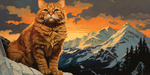 painting of an orange tabby cat stands atop a snowy peak, generative AI