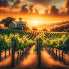 Sierkussen A picturesque vineyard at sunset, with rows of grapevines stretching towards the horizon and a rustic farmhouse in the distance. The sky is ablaze wit.png Generative AI © Zoheb
