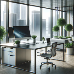 A modern office space with sleek, minimalist furniture and an abundance of natural light. The room includes a large, clean desk with a high-tech compu.png Generative AI