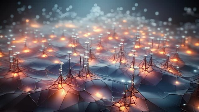 An abstract landscape of data points and neural network nodes undergoes a transformation, as pruning removes redundant connections and reveals a more refined and accurate mapping.