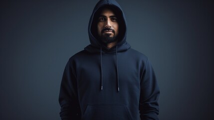 portrait of a person wearing a navy blue hoodie on dark background