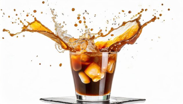 Ice americano coffee with splashes on a white background.