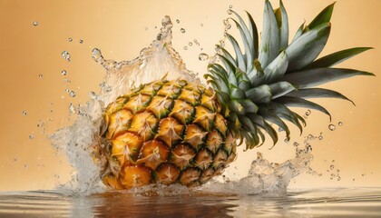 Pineapple in water splash at yellow background.