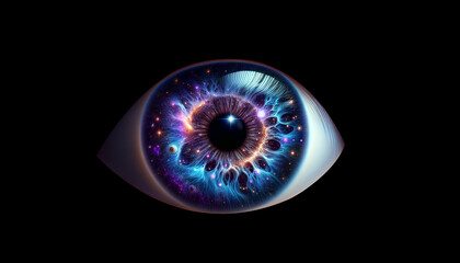 A cosmic eye with an iris that resembles the universe, on solid black background