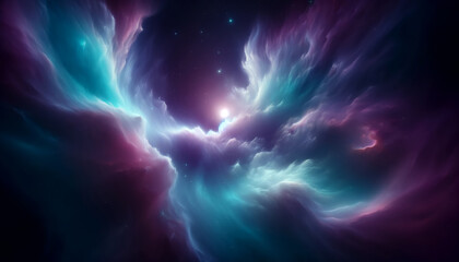 Fototapeta premium Digital illustration of deep space smooth nebulae that glow with luminous hues of purple and cyan