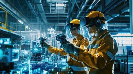 Industrial operators in assembly line factories use VR and AR headsets, showcasing technology integration into industrial processes for efficiency and results. Generative AI.