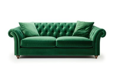 Green Velvet Sofa Bed, Two seater green couch isolated on white background.