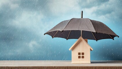 Umbrella in rain protect the house, home insurance protection.