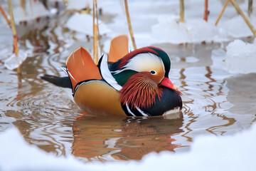 Beautiful male Mandarin duck (Aix galericulata) swimming in icy water
