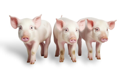 Front view, three cute pink piglets standing side by side, facing the camera. isolated on transparent background. 