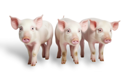 Front view, three cute pink piglets standing side by side, facing the camera. isolated on transparent background. 