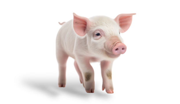 front view, close up of a cute pink piglet tilting its head, facing the camera. isolated on transparent background. 