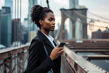 A determined woman in a business suit on a bridge, her cellphone and coffee her constant companions as she navigates the complexities of corporate life and urban connectivity.