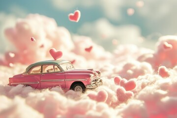 A dreamy scene with a toy car on a fluffy cloud road, heart shapes floating around as it embarks on a magical journey of love for Valentine's Day.