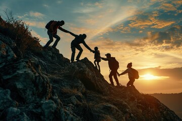 A dynamic scene of a family climbing together, each member offering a helping hand to the others, illustrating the strength of family bonds and shared success. - obrazy, fototapety, plakaty