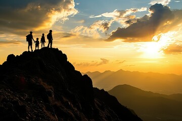 A family silhouetted against the setting sun on a mountain, their collective success a testament to...