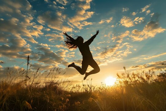A dynamic silhouette of a woman leaping joyfully, her arms open to the vast sky, as the sun rises over the horizon, marking her success and the dawn of new opportunities.