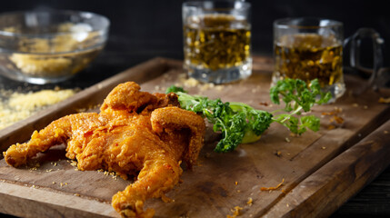 Fried chicken on a wooden cutting board