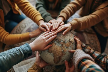 A group of business professionals standing around a globe, their hands united, representing the strength of empathy and social connections in a worldwide partnership.