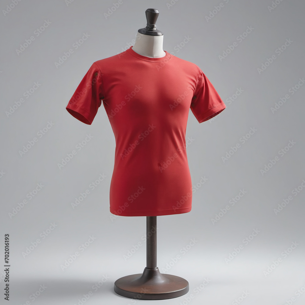 Wall mural Red t-shirt mock up, front view, isolated. Plain red shirt mockup. Tshirt design template. Blank tee for print, in manekin and stand no head