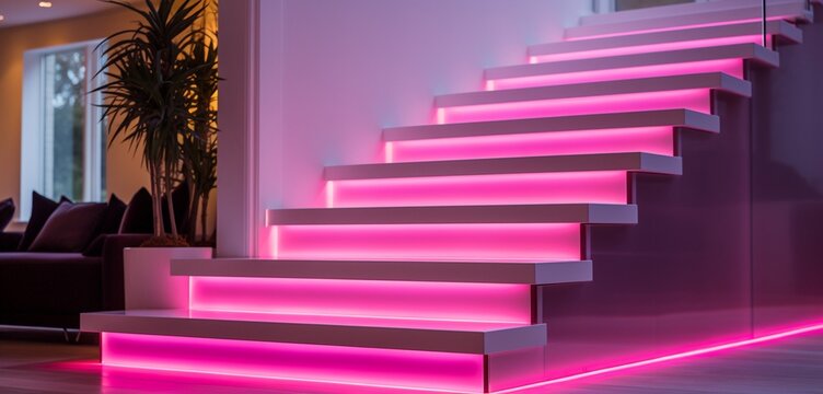 Dutch home staircase with LED lights transitioning from bold magenta to lemonade pink,