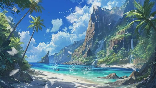 beautiful view on the beach with palm trees and flowing sea water. Seamless looping time-lapse virtual video animation background 
