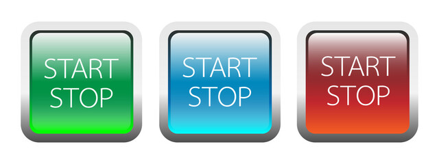 Start and stop on square buttons. Web buttons. Press button icon vector. UI button concept. 