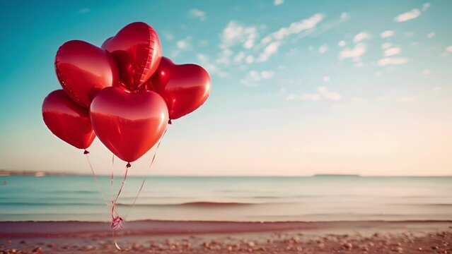 The heart balloons, although seemingly small against the vastness of the ocean, fill the scene with immense love and warmth, making it a truly heartwarming sight.