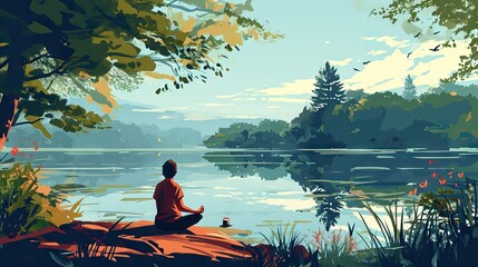 A person meditates silently by a lake's edge, finding peace in the serene environment. A tranquil moment of self-reflection and connection with nature. Generative AI