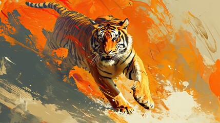 A majestic and imposing oriental design tiger stands between the sun and the sea, amidst nature and life, embodying strength and beauty. Generative AI