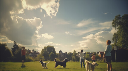 Children playing outside with their dogs