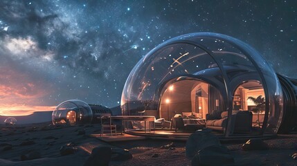 Imagining the first night under the stars in a dome house on Mars, inhabited by pioneers. A vision of cosmic beauty and human endeavor on the Red Planet. Generative AI - obrazy, fototapety, plakaty