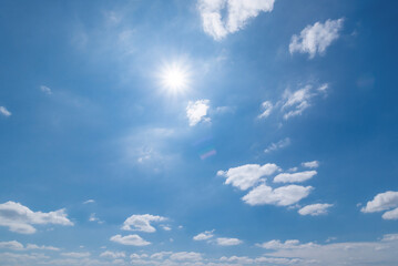 Panoramic view of clear blue sky and clouds, Blue sky background with tiny clouds. White fluffy clouds in the blue sky. Captivating stock photo featuring the mesmerizing beauty of the sky and clouds.