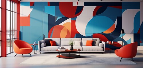 A Bauhaus-inspired living room with a 3D intricate colorful wall, featuring a striking contrast of fiery red against a cool blue canvas