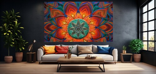 A living room wall with a 3D intricate colorful mandala pattern, combining traditional motifs with modern style